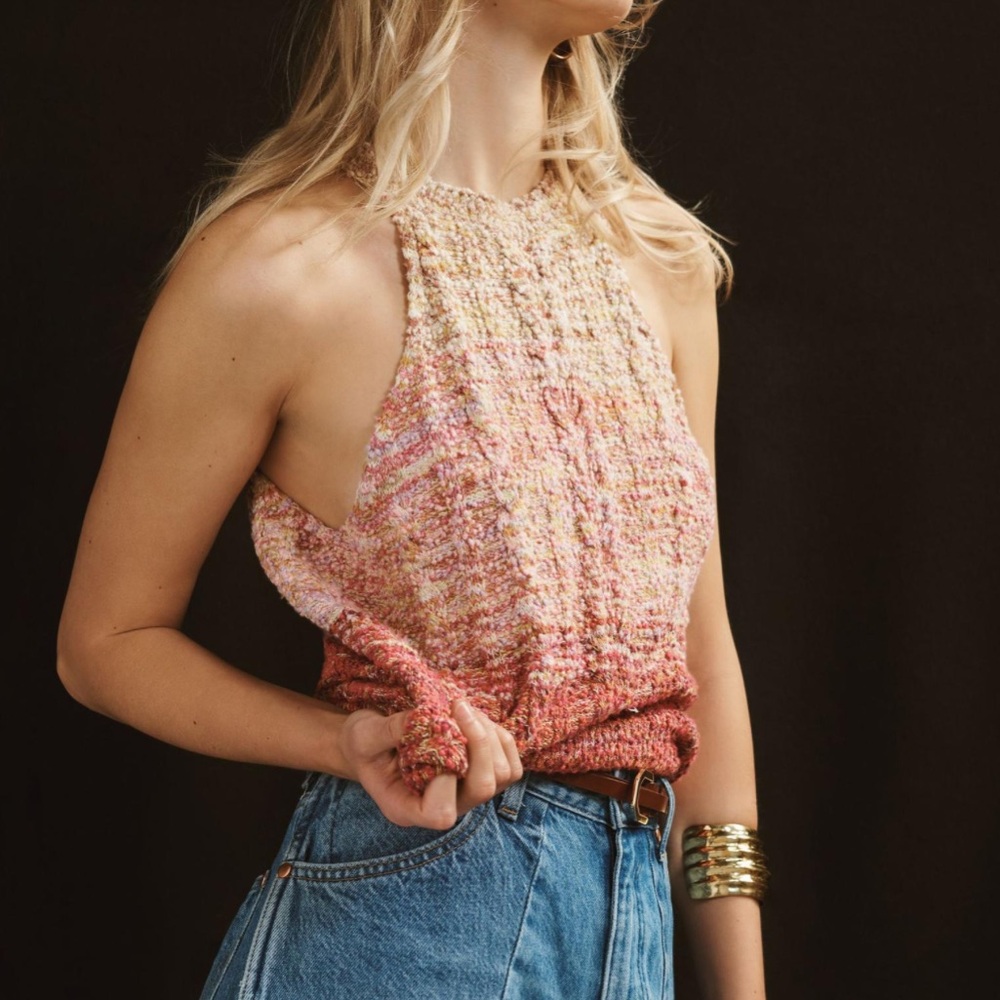 Pilcro Anthropologie Knitted Pink Sunset Ombré Cable-Knit Halter Sweater Tank M